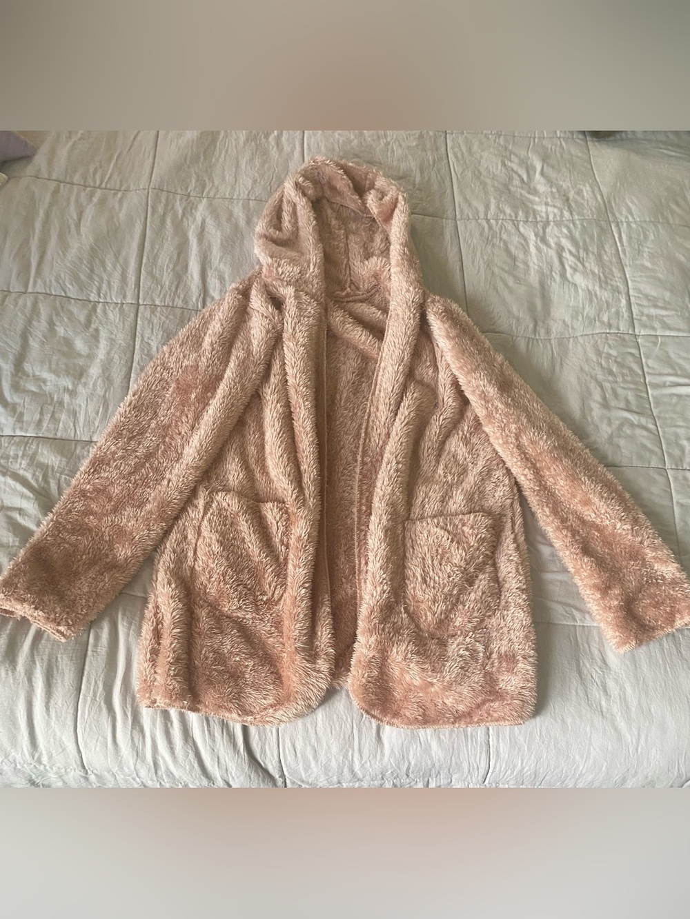 Hooded Plush Open-Front Teddy Jacket in Blush Pink